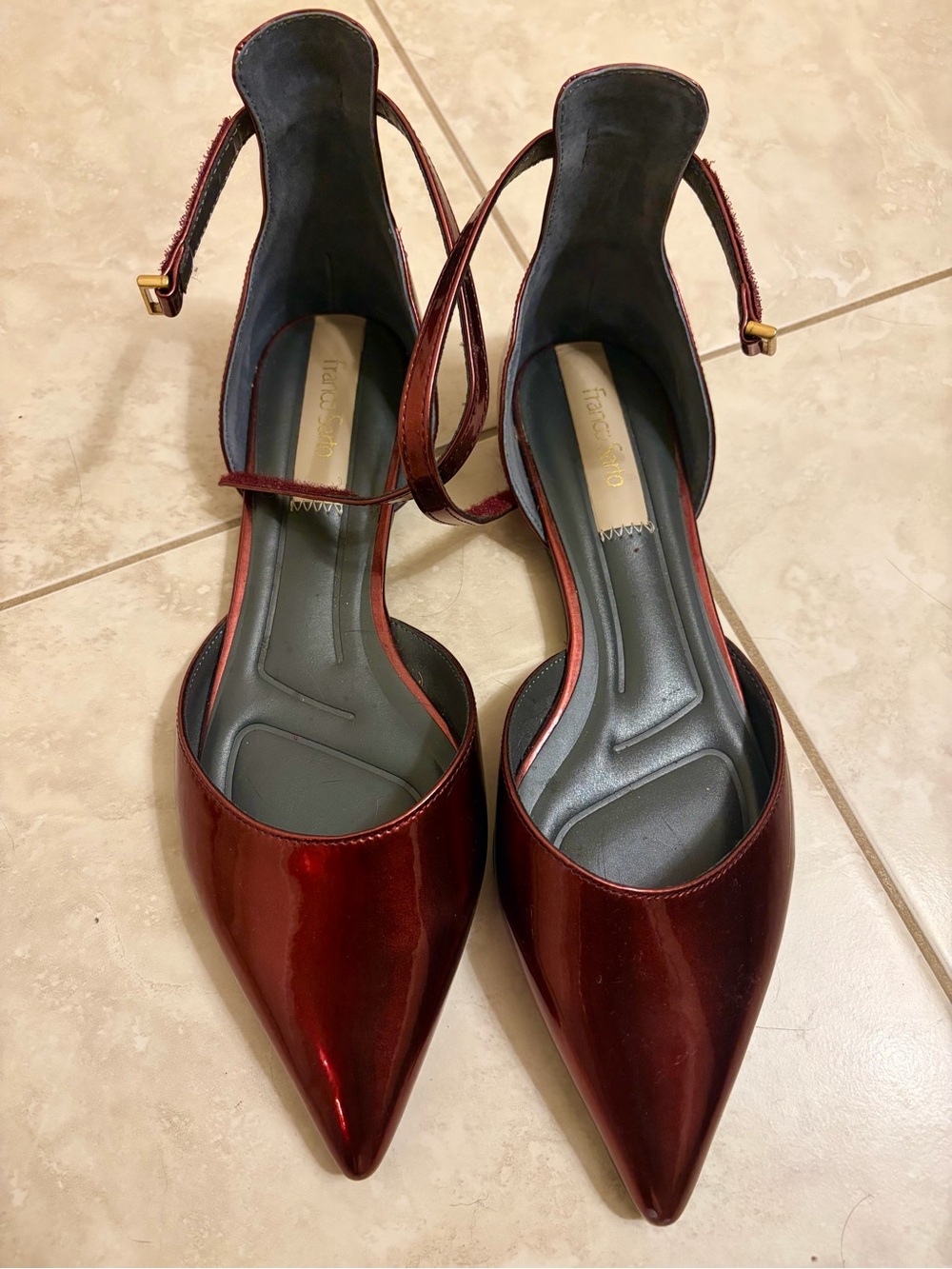 Franco Sarto Metallic Burgundy Pointed Ankle-Strap Heels